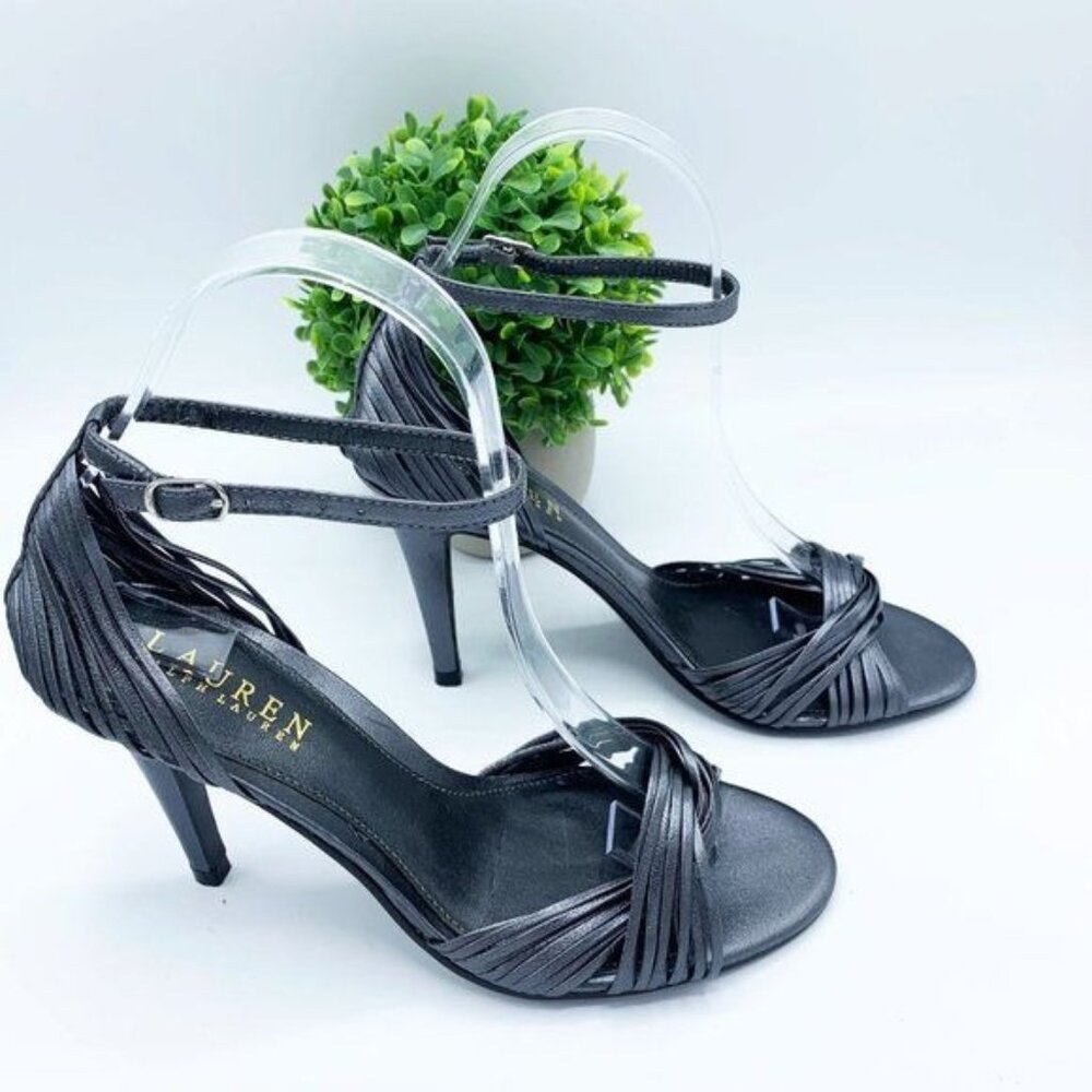 NWOT LAUREN RALPH LAUREN PEWTER LEATHER STRAPPY SANDALS/HEELS - 6.5M
